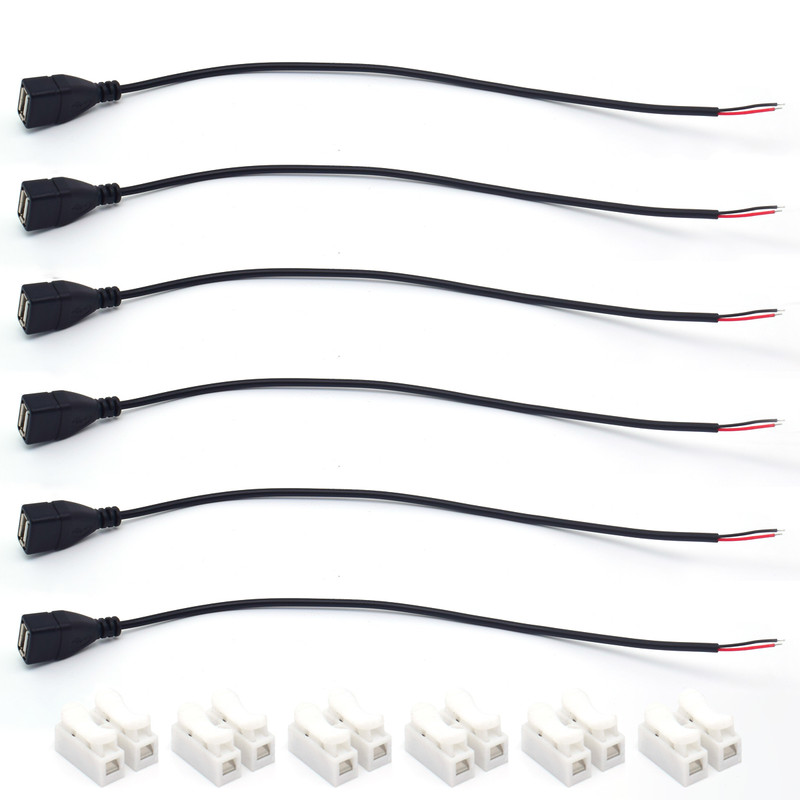 6x 22AWG USB 2.0 Female DIY Repair Pigtail Cable 0.3M/1FT 2-Pin Bare Wire 5V 3A