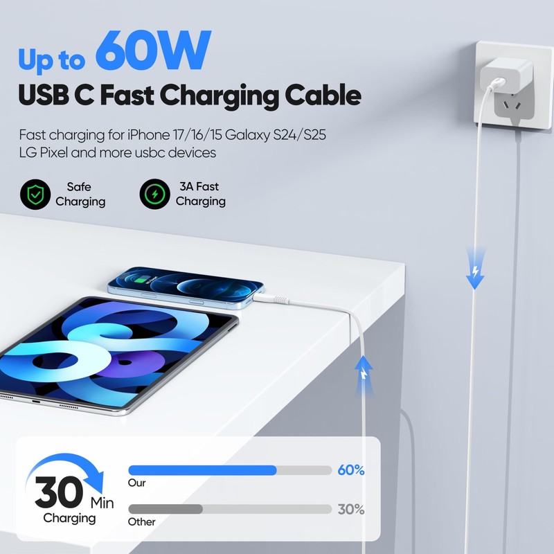 VoroDcip USB C Cable 15 Ft, Extra Long Type C 60W Fast 15 Feet, white gallery