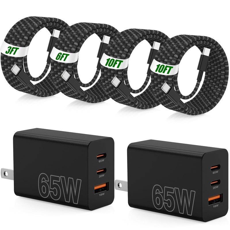 65W Super Fast Charger Type C for Samsung,3 Port 10FT+10FT+6FT+3FT, Black