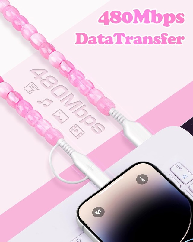 2 in 1 USB Cable for iPhone Beaded Charging Cord 6.6FT Stylish Cute Beaded Ch... gallery