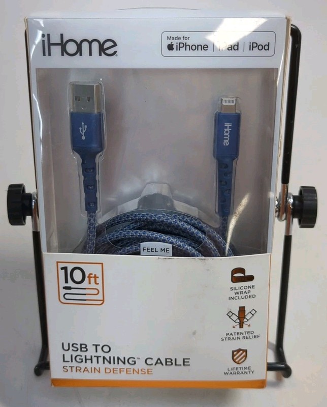 iHome Nylon Braided Strain Defense Fast Charging USB Cable 10 ft Blue