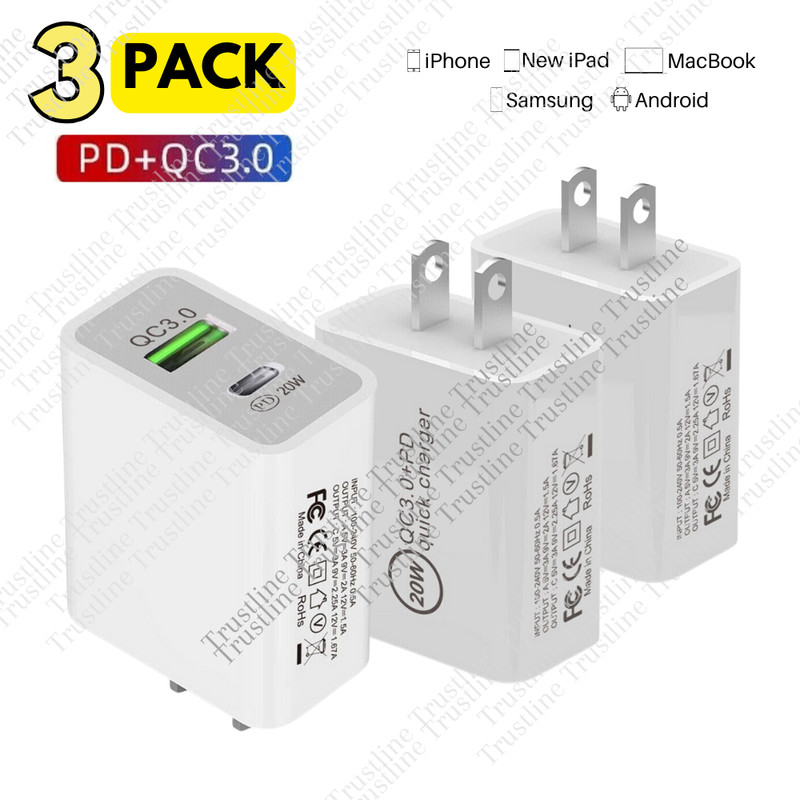 3Pack PD 20W USB-C Fast Wall Charger Adapter For iPhone 12 13 14 15 iPad Samsung