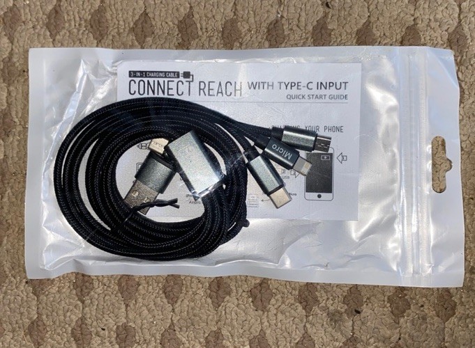 USB 3-in-1 Charging Cable – USB-C, Micro, Apple – New/Sealed Connect Reach NEW