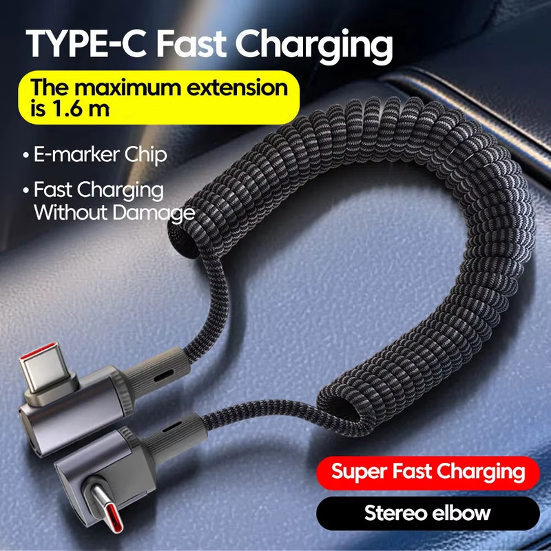 100W Type-C & USB Fast Charging Cable – Retractable Bend Spring Dual Type-C Data