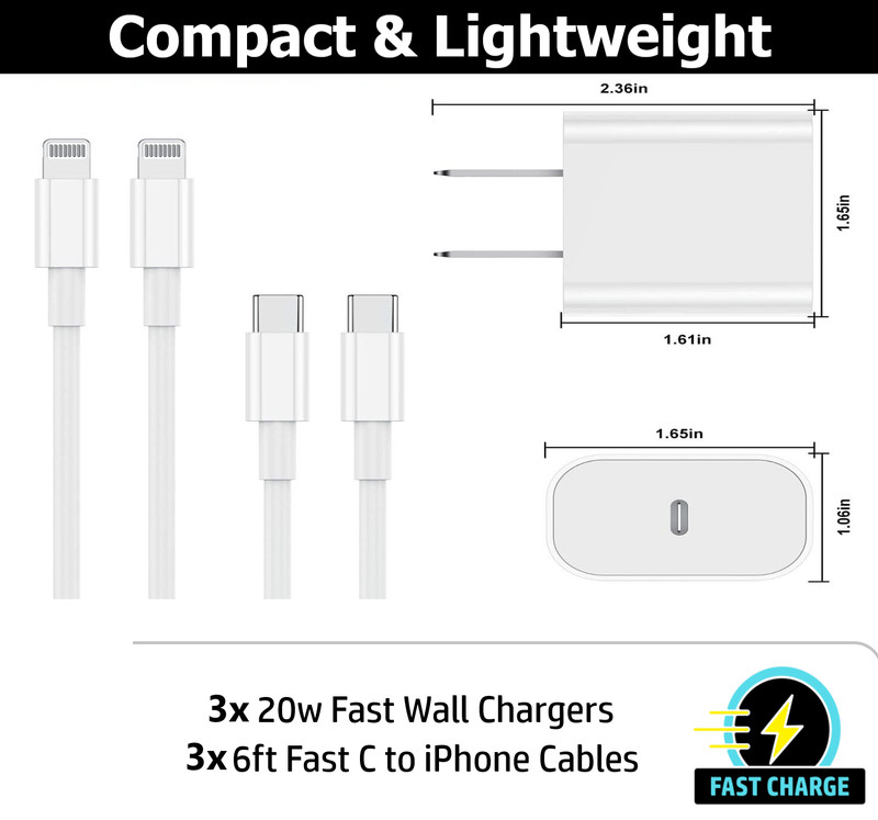 3 Pack Fast Wall Charger Cable For iPhone 12 13 14 15 16 17 iPad X XR XS 8 7 Max gallery