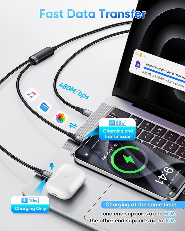 2-in-1 USB C to USB C Cable 5FT, 60W Max Fast Charging Type C Multi Cable Pho... gallery
