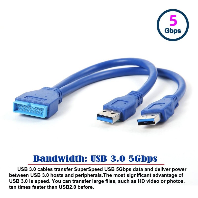 Dual Port USB 3.0 A Male To 20 Pin Male Motherboard Extension Cable 5Gbps PC gallery