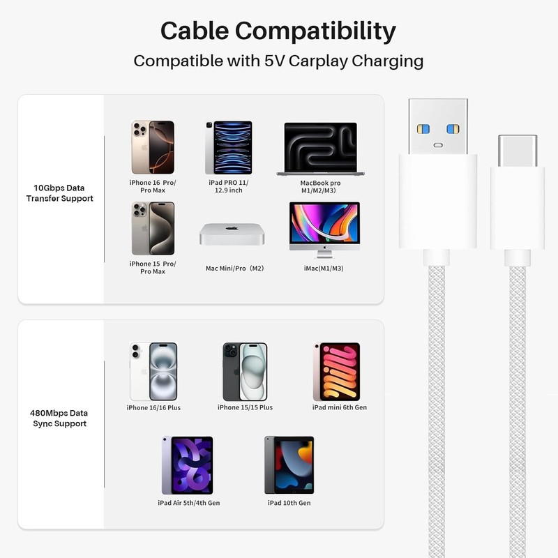 Car Carplay Woven Cable for Iphone 16 15 5FT USB a to USB C 3.2 Gen 2 gallery