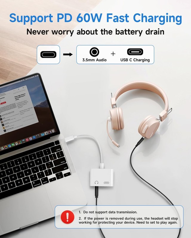 USB C to 3.5mm Headphone and Charger Adapter, 2-Pack Type C 2 Pack, White gallery