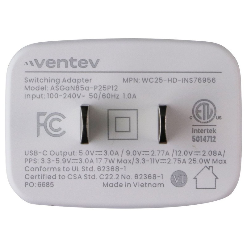 Ventev (25W) USB-C Wall Charger/Switching Adapter - White (ASGaN85a-P25P12) gallery
