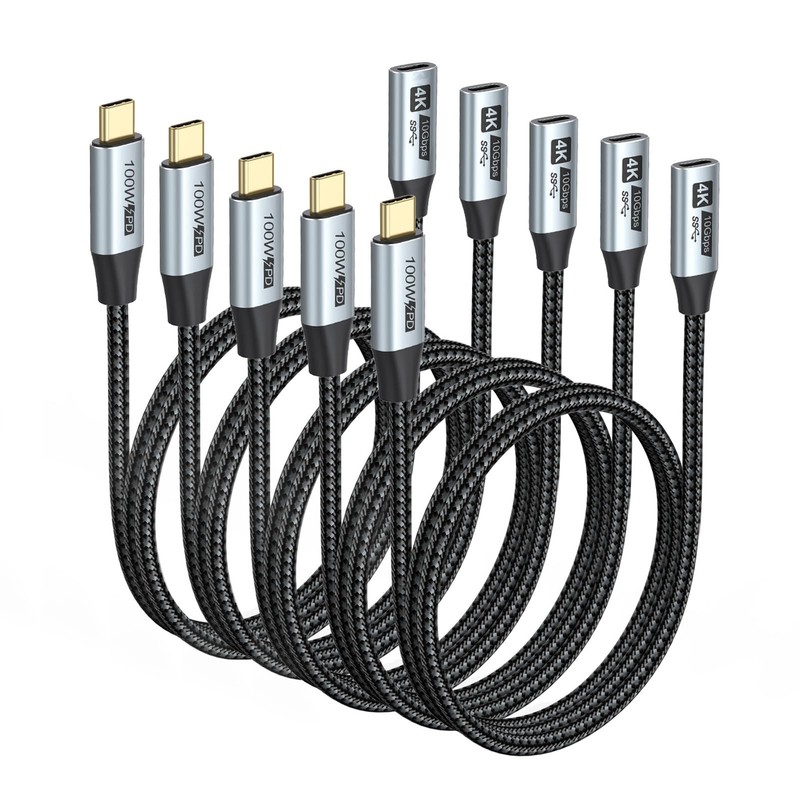 Grey 5 PCS 6FT USB C 3.2 Extender Male To Female Cable 10Gbps 4K@60Hz 100W