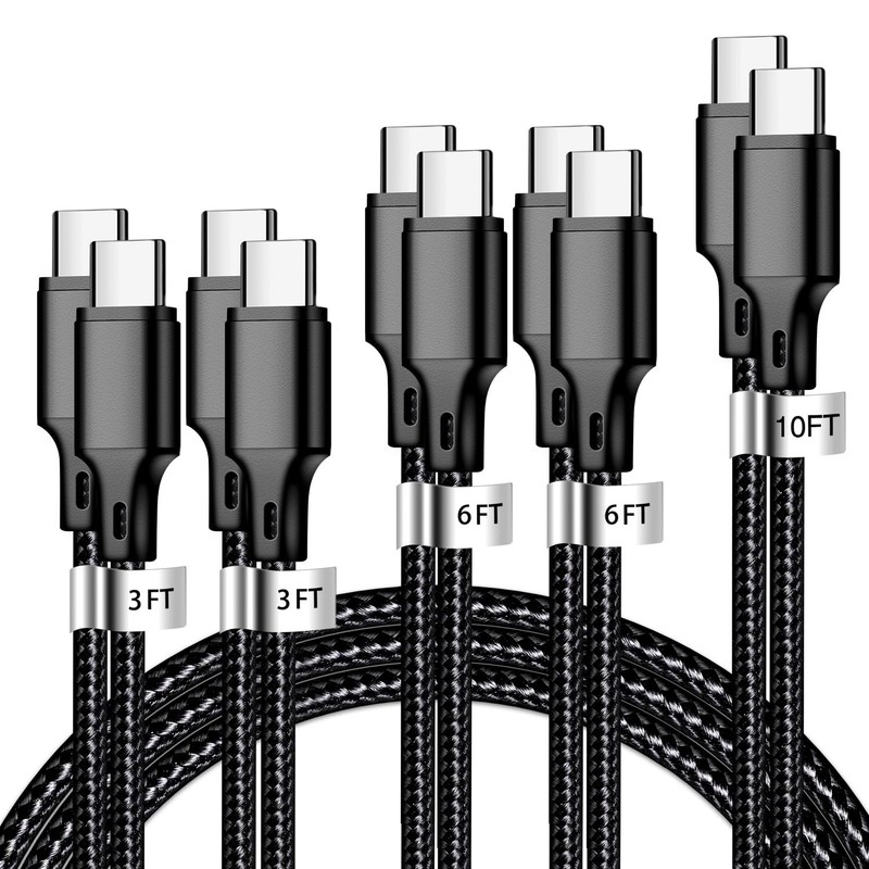 USB C to USB C Cable 5-Pack Nylon Braided Fast Charging Black 3/3/6/6/10ft