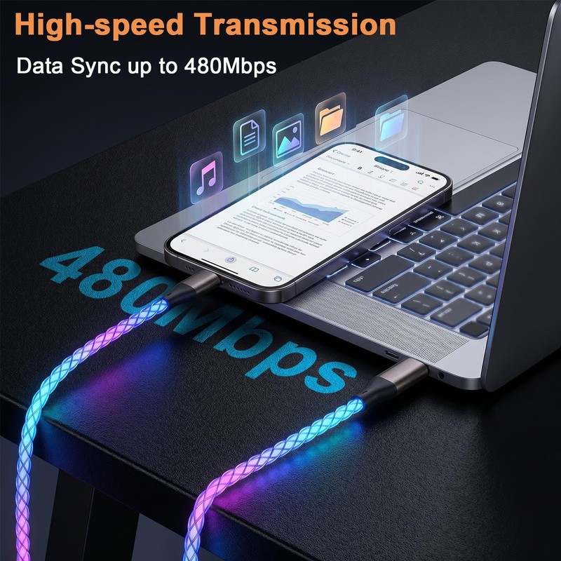 USB to USB Cable Light up to Cable Fast Charging USBC to USBC Cable 60W Braid... gallery