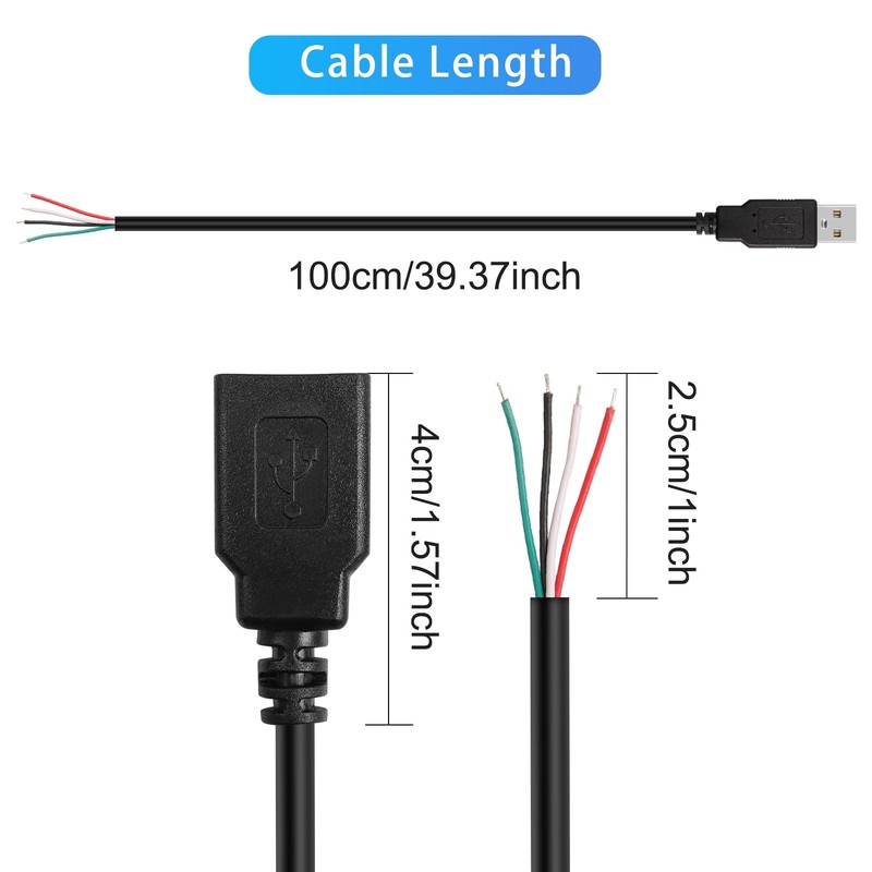 4 PCS USB 2.0 Female Plug 4pin Bare Wire Power Data Pigtail DIY Cable 3.3FT gallery