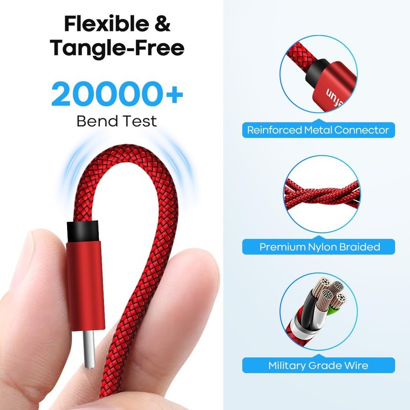 CLEEFUN Long USB C Cable 20ft, to USB-C Charging - 20 Red gallery