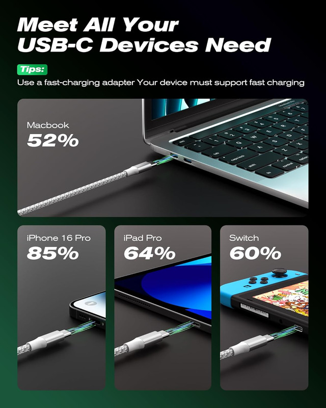 Swaggwood USB C to USB C Cable, 5-Pack [3/3/6/6/10FT] 60W USBC Fast Charging Cab gallery