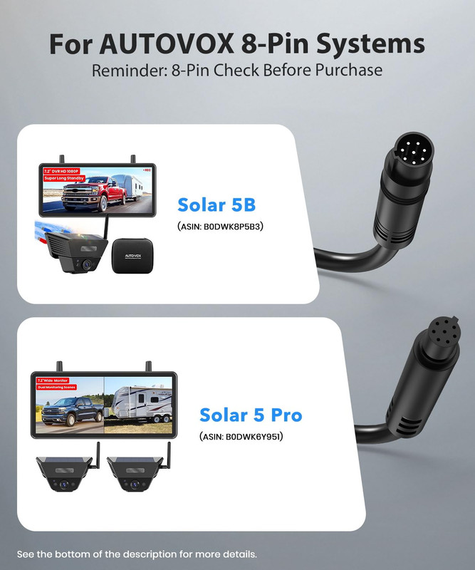 USB Boost Cable Wireless Backup Camera 8Pin Display Power Connector Solar 5B Pro