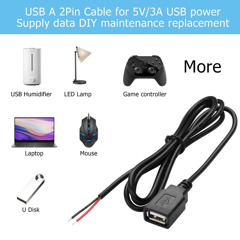 5 PCS USB A 2 Pin Bare Wire 22AWG 5V 3A 2.0 Female To Plug Extension Cable gallery