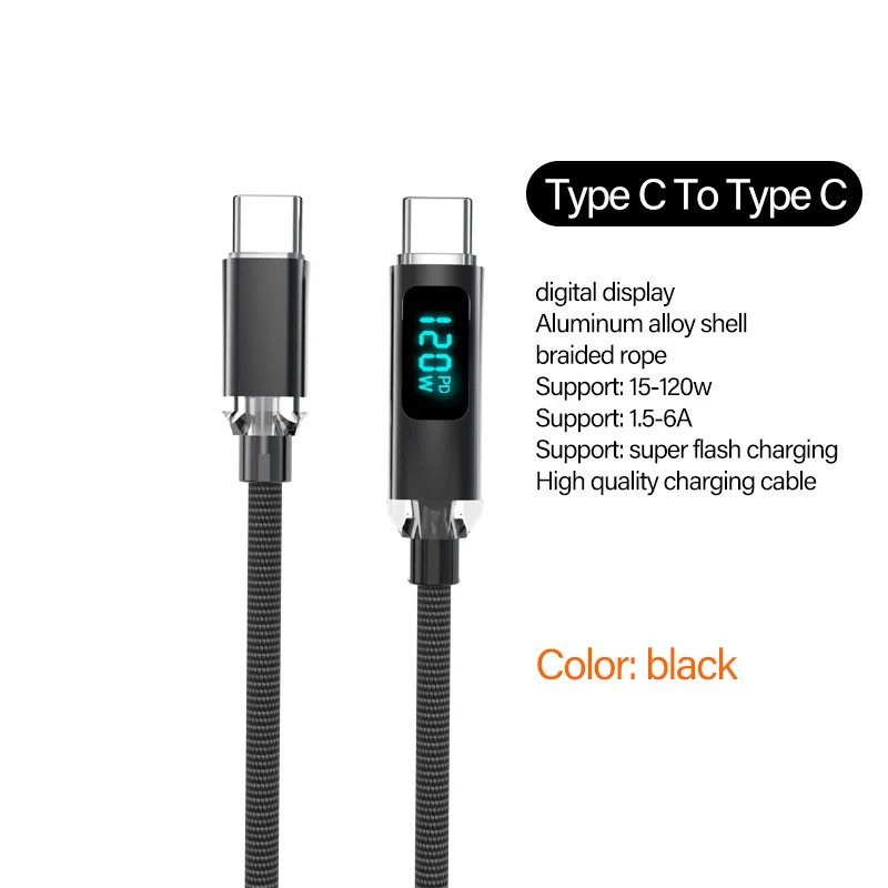 USB C to USB C Cable 120W 6A Fast Charging Digital Display Braided Black