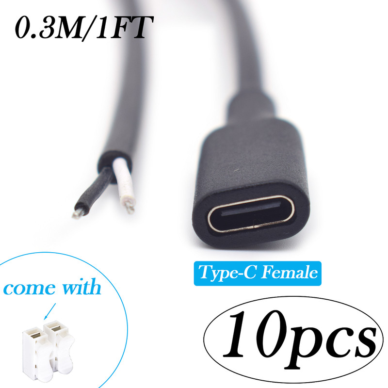 0.3M/1FT USB Type-C Female to 2-Pin Bare Wire 22AWG 5V 3A DIY Repair Cable Lot