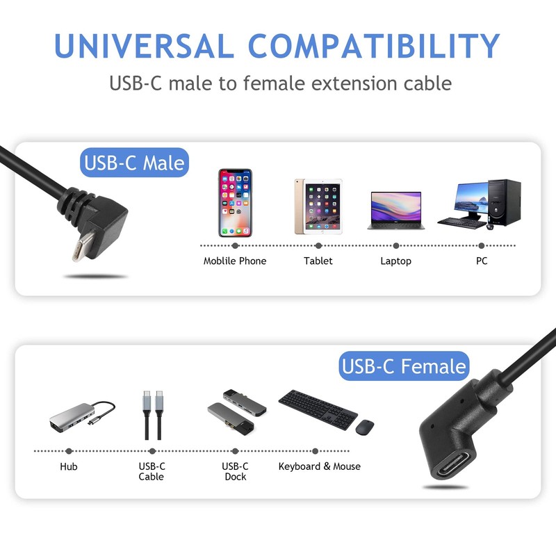 USB C Extension Cable Extender Cord Up Angle 90 Degree Male Right Female 0.3m gallery