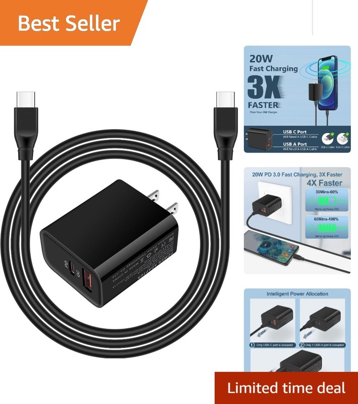 Ultra-Fast Charging 20W USB C Wall Charger with 6ft Cable for All Smartphones