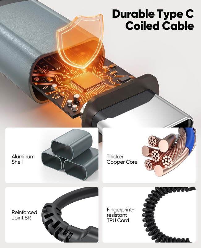 USB C to USB C Coiled Cable 60W Fast Charging Retractable Spiral Charger Cord gallery