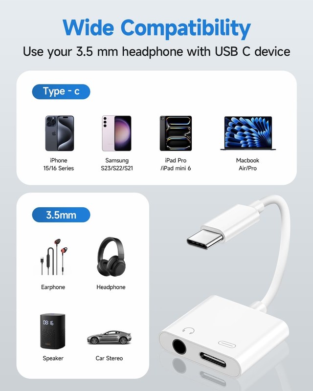 USB C to 3.5mm Headphone and Charger Adapter, 2-Pack Type C 2 Pack, White gallery