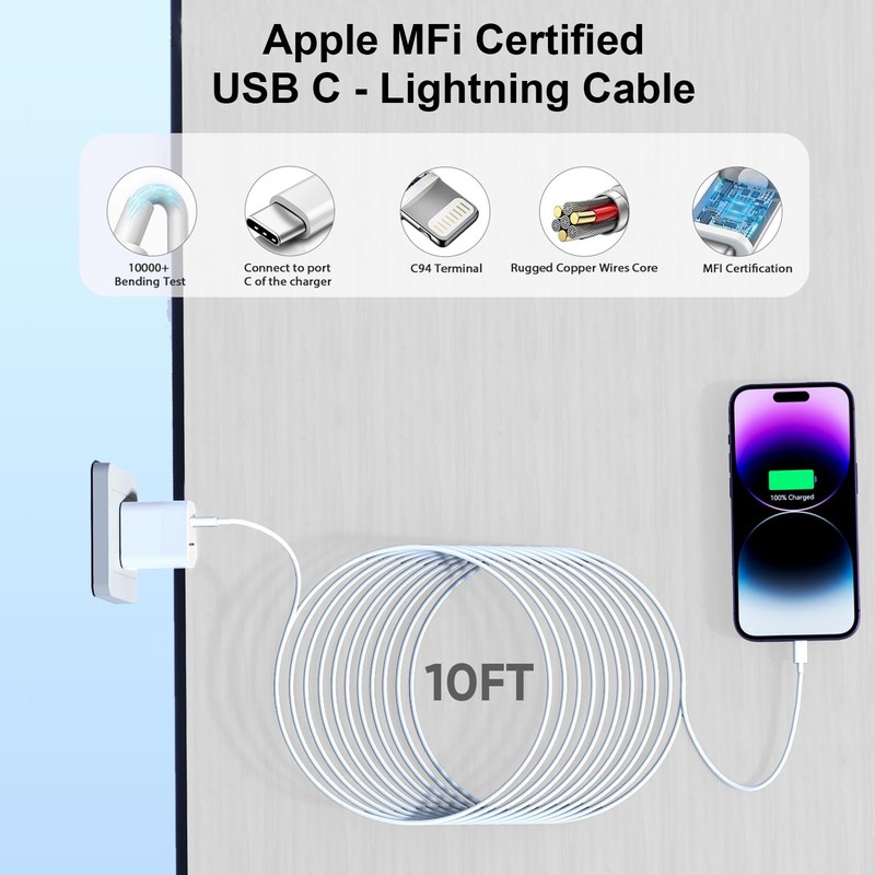 2 Pack Apple MFi Certified Fast Charger For iPhone 10FT USB C To Lightning Cord gallery