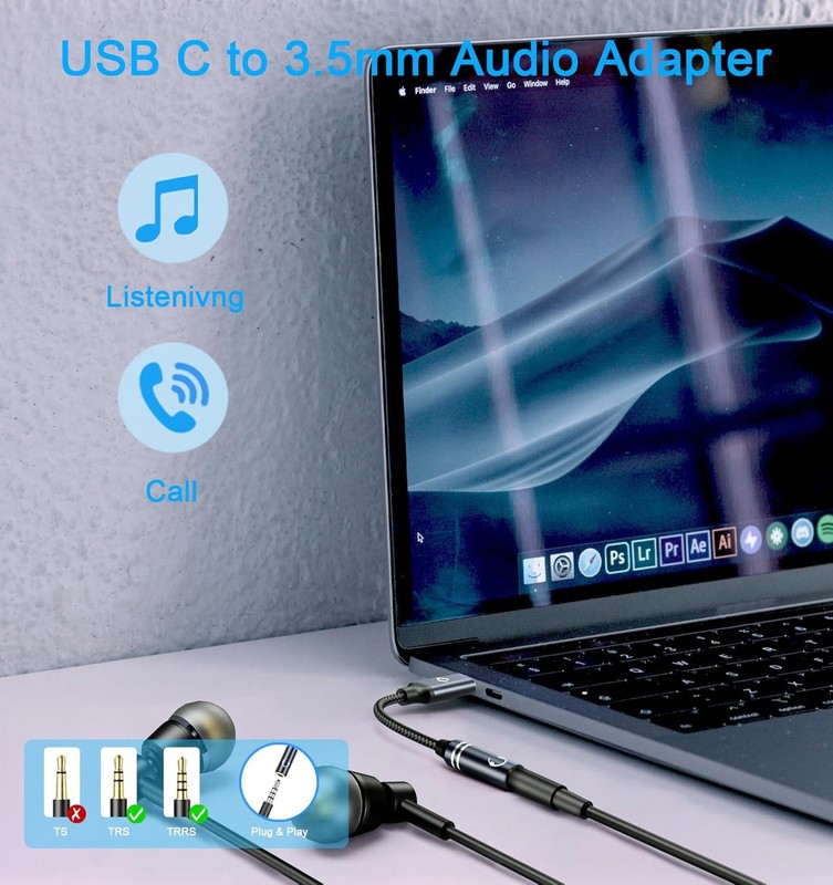 USB Type C to 3.5mm Headphone Jack Audio Adapter, C Female Black Blue gallery