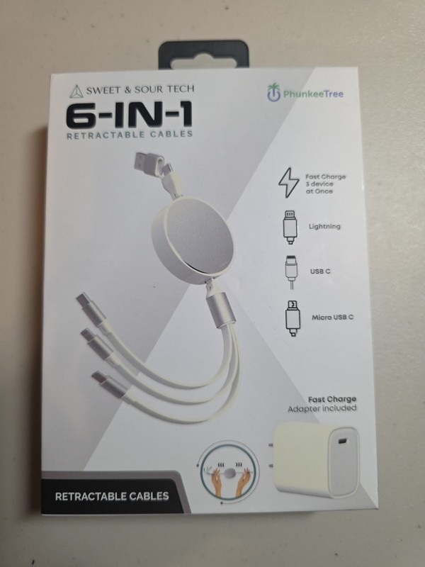 NEW WHITE 6-In-1 Retractable Cable SWEET SOUR TECH W/ FAST CHARGE ADAPTER