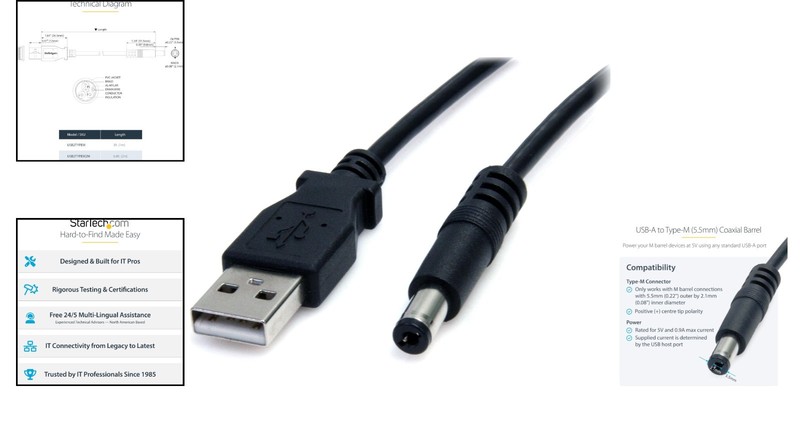 Durable 3FT USB-A to Type M Barrel Power Cable - Perfect for Professionals gallery