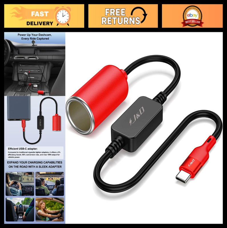 USB C to 12V Car Cigarette Lighter Socket Adapter, 5ft Power Cable for Dash Cam,