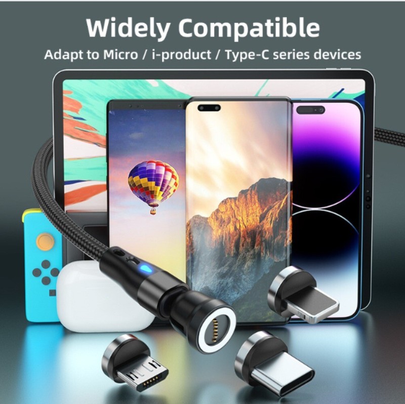 3Pcs Magnetic Phone Charger Cable 540°Rotate USB Adapter For iPhone Type C Micro gallery