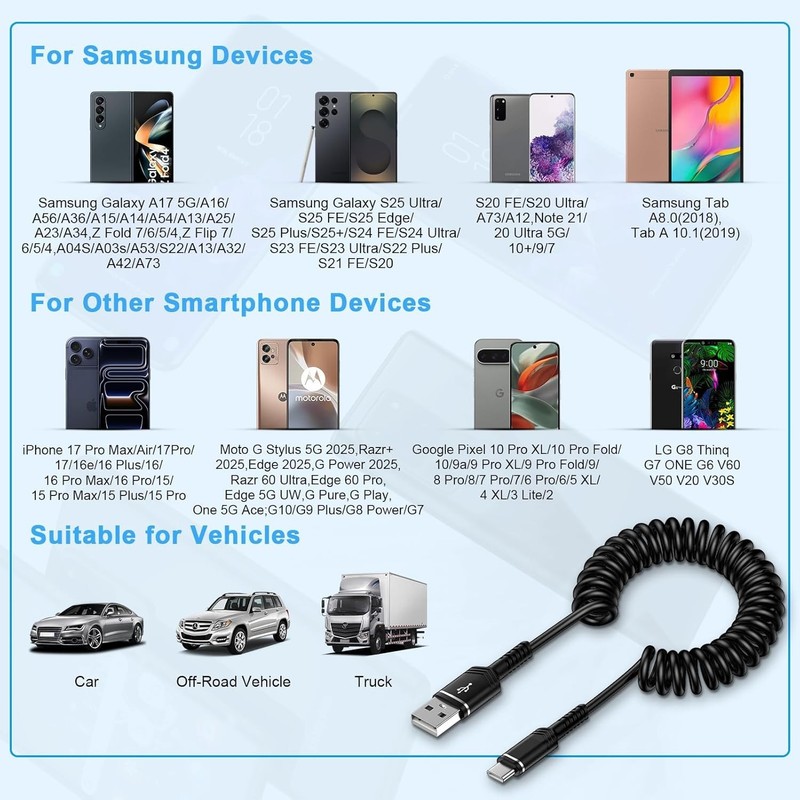 Retractable iPhone 17e Car Charger USB C Coiled Cord Car Carplay Charger Cable f gallery