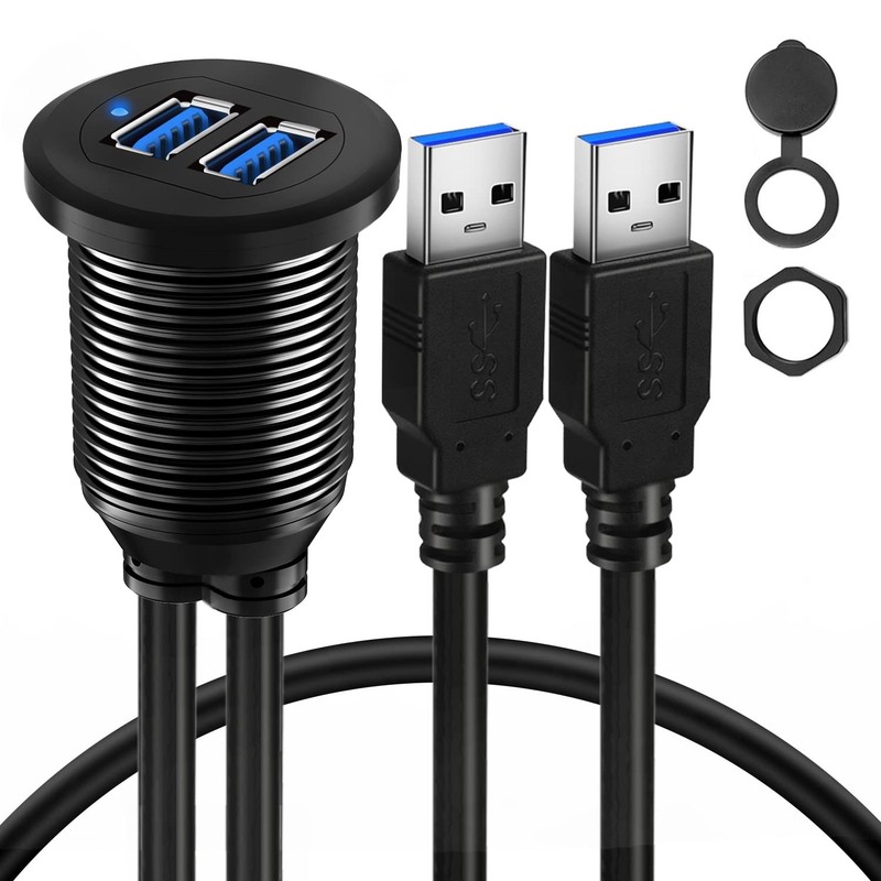 Alloy Dual Port USB 3.0 Car Dashboard Flush Mount Cable LED Extension 3Ft
