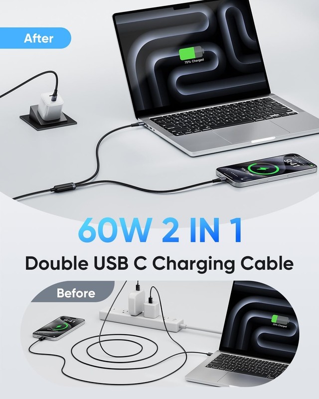 2-in-1 USB C to USB C Cable 5FT, 60W Max Fast Charging Type C Multi Cable Pho... gallery