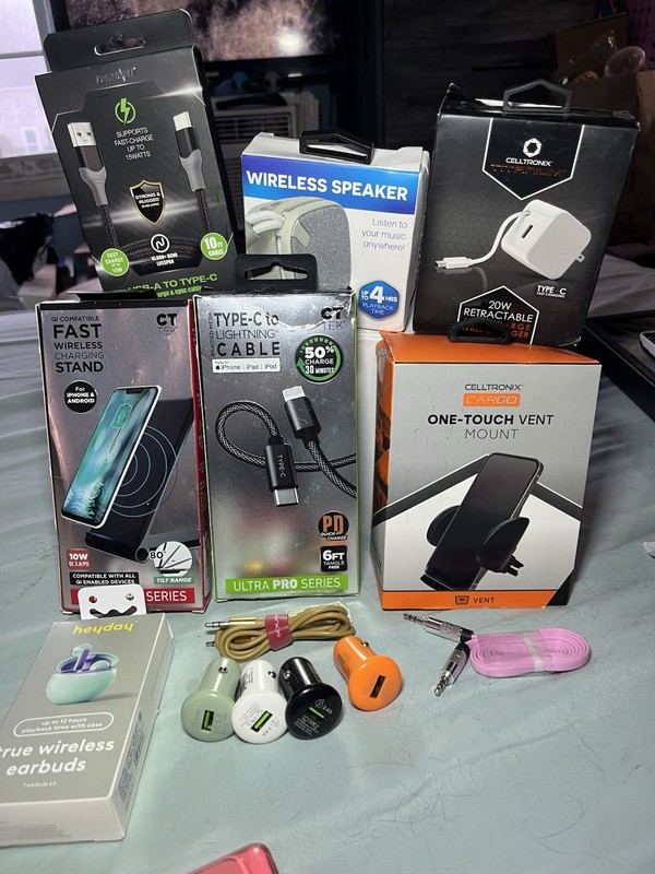 Lot Of Phone Tech Chargers, Cable, EarBuds, Car Mount, Speaker Screen Protector