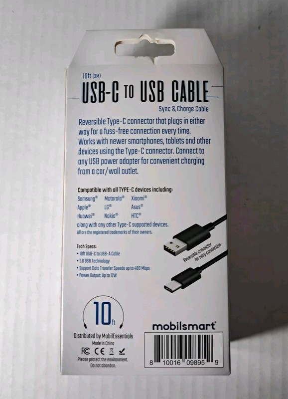 New Sealed USB-C to USB 10ft Cable - BLACK -mobilsmart gallery