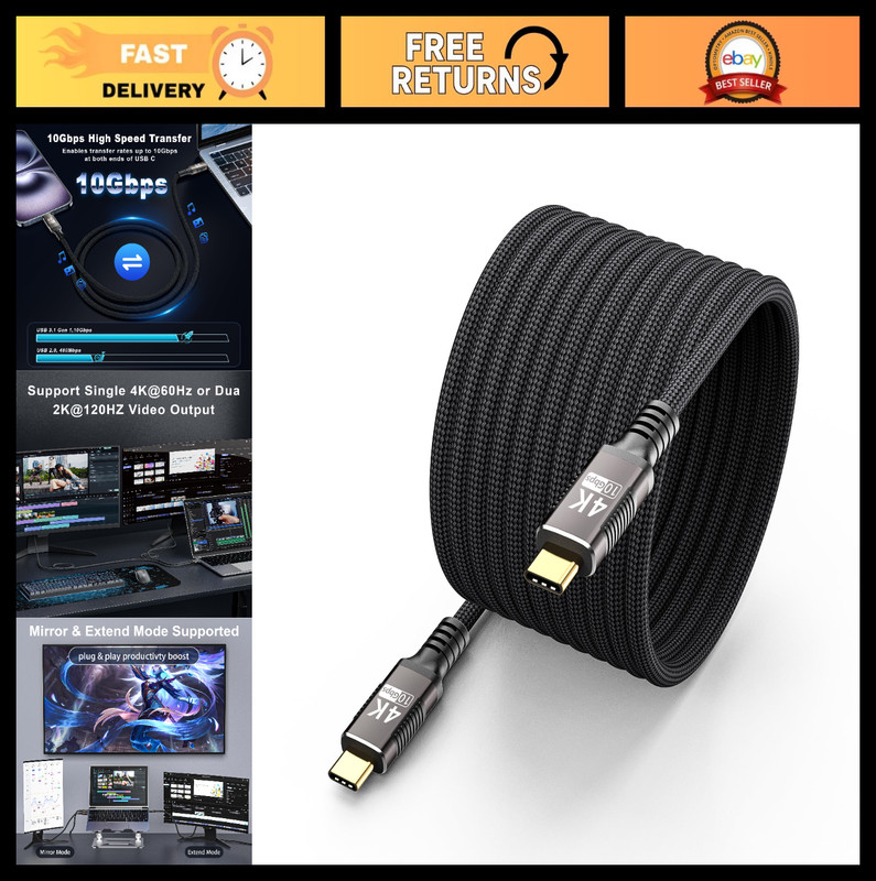 16FT USB C Cable 10Gbps Data Transfer, 4K@60Hz Video Output, Fast Charging Type-