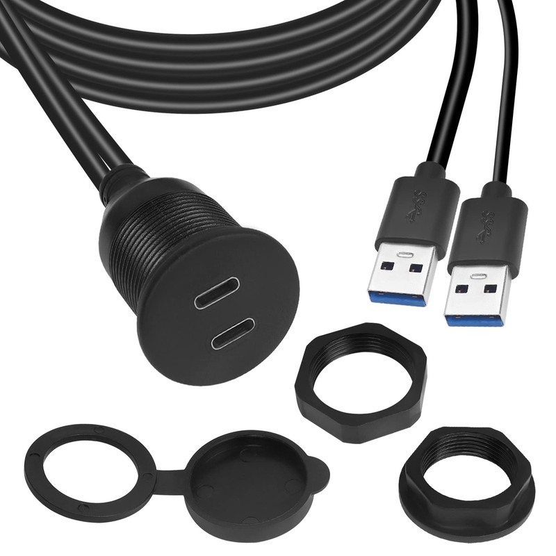 Dual USB C To USB 3.0 Threaded Flush Panel Mount Waterproof Cable 1M 3.3Ft