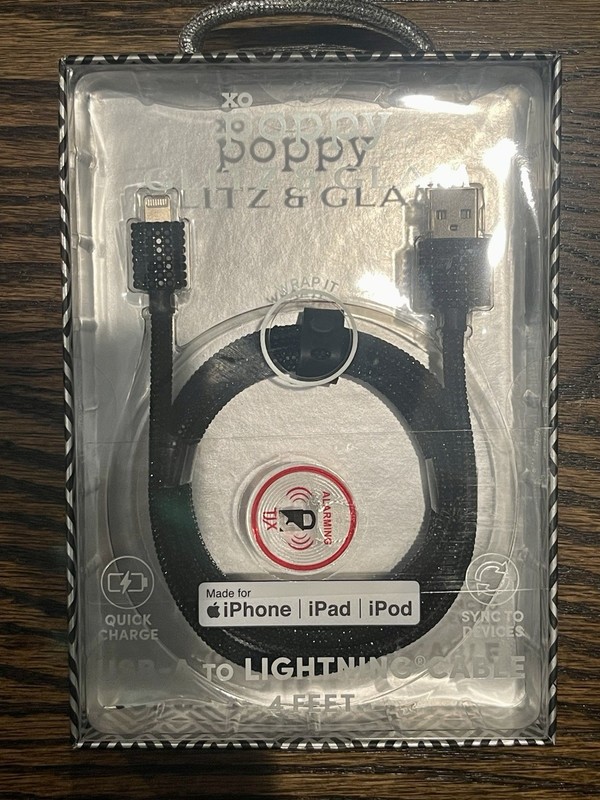 XO Poppy Glitz & Glam Black USB-A To Lightening Cable for iPhone 4 Feet NIB