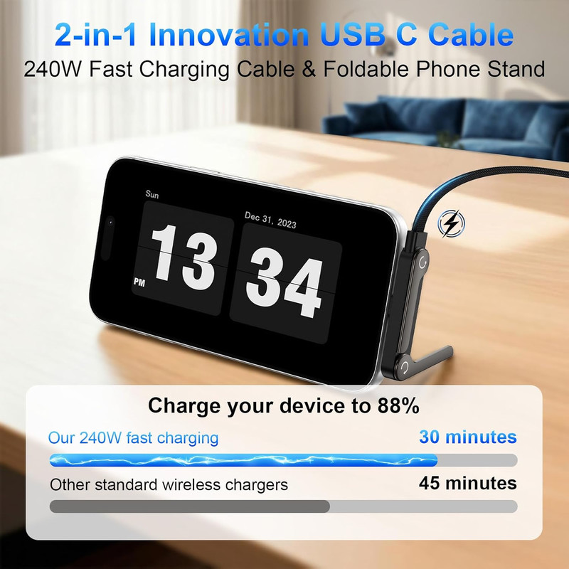 USB C Fast Charging Cable with Built-in Phone Stand 240W Data Transfer 5FT Black gallery