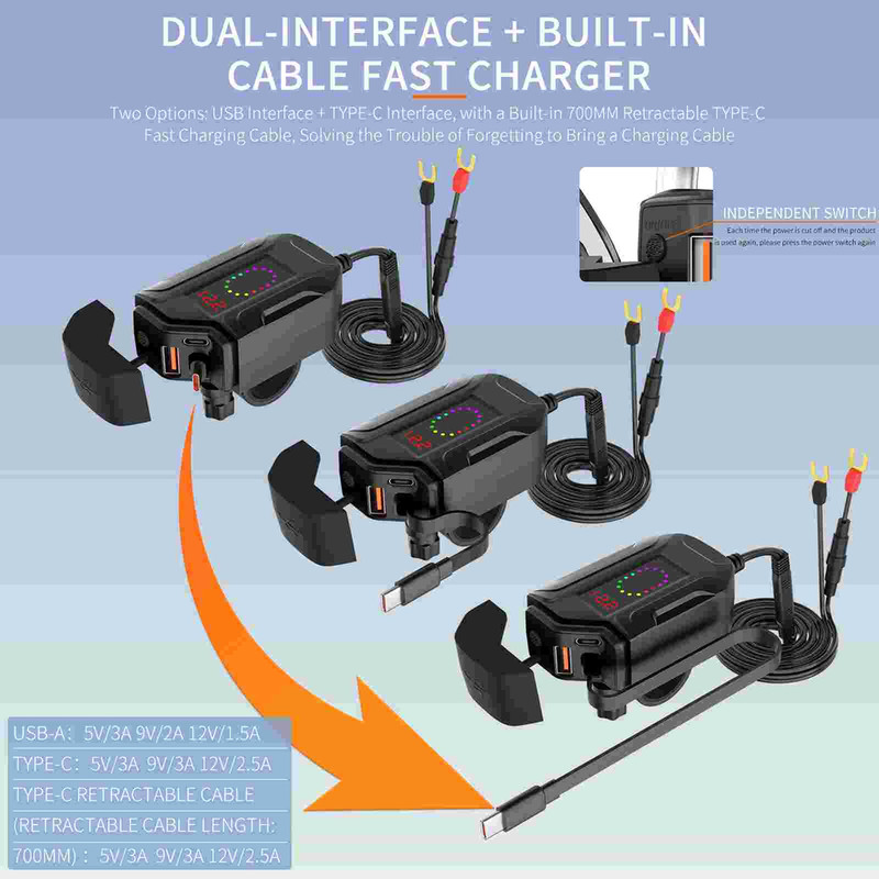 USB Motorcycle Charging Unit with Retractable Cable and LED Voltage Monitor gallery