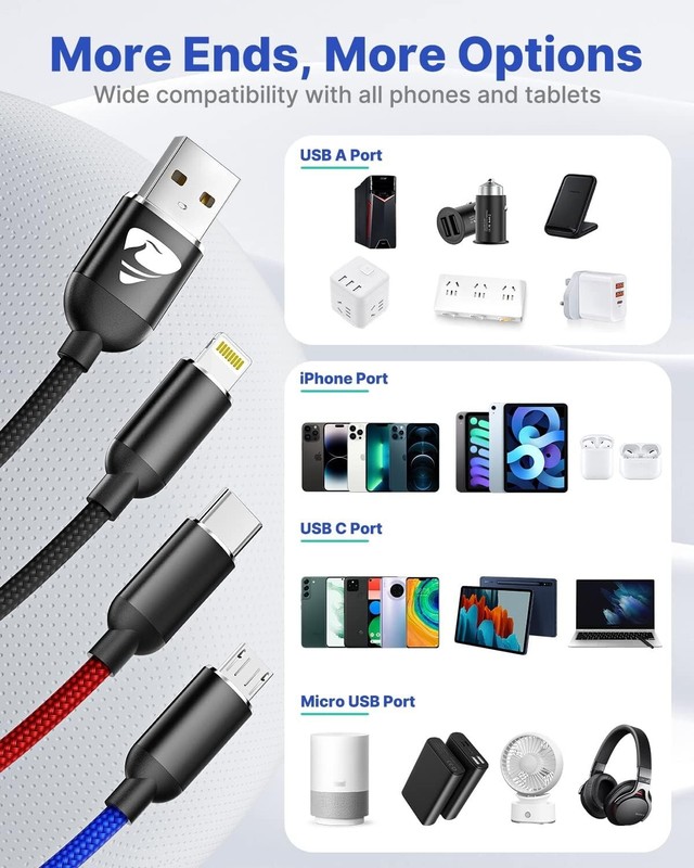 Aioneus Multi USB Cable Nylon Braided 3 in 1 Fast Charging 4Ft Cord, 2Pack- Blk gallery