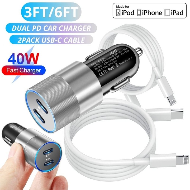 PD Fast 40W Car Charger Dual Type C Adapter Cable For iPhone 14 13 12 11 XR SE 8