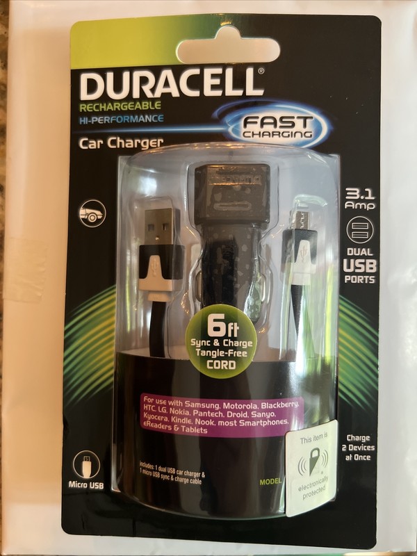 Duracell Car Charger- 6 ft Sync & Charge Cord-3.1 Amp Dual USB Ports – NEW