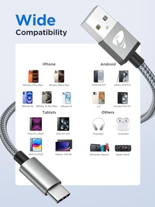 USB C Cable 10 FT 2Pack USB A to USB C 3A Fast Charging 10FT Long Type C Gray gallery
