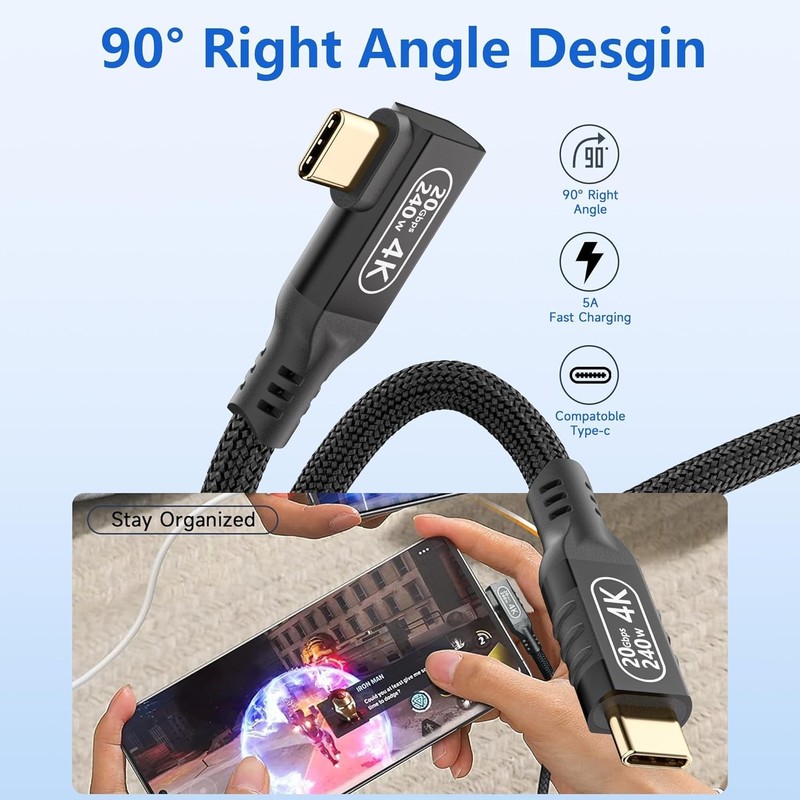 240W USB C to USB C Cable, 10ft Long - Right Angle Design for Gaming & Media gallery