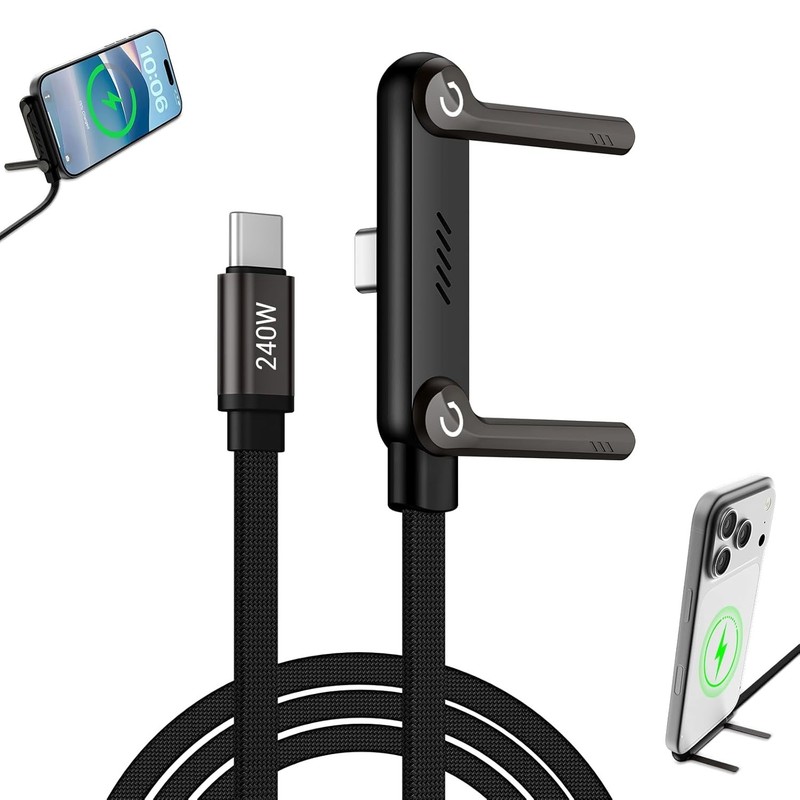 240W Type-C Braided Fast Charging Cable with Built-in Phone Stand - Black gallery